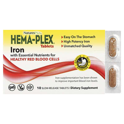 Hema-Plex Iron with Essential Nutrients for Healthy Red Blood Cells, 10 Slow Release Tablets
